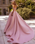 Cocoslly Sweetheart Off-The-Shoulder Long A-Line Split Prom Dress With Rhinestones | Pink Satin ZT0155