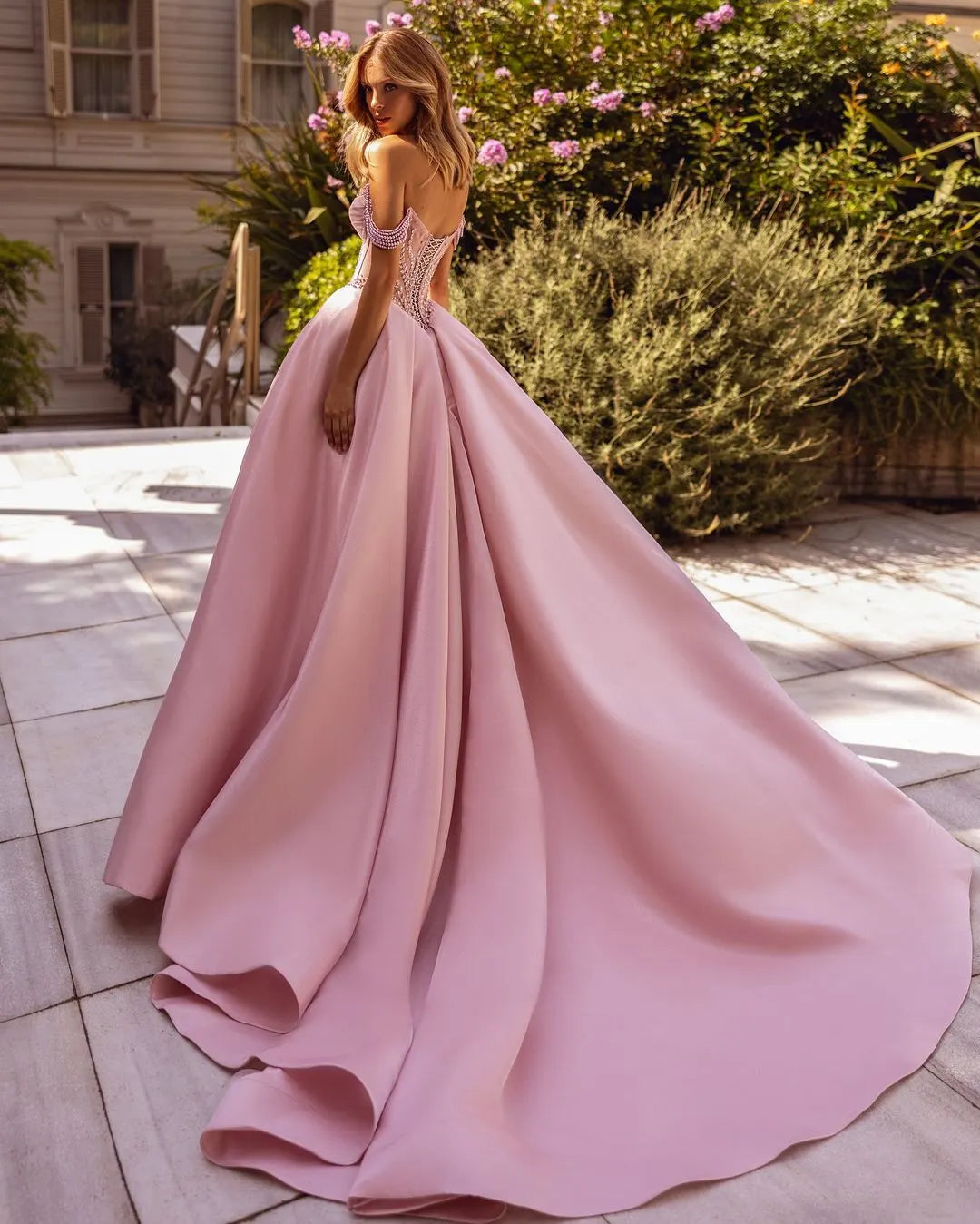 Cocoslly Sweetheart Off-The-Shoulder Long A-Line Split Prom Dress With Rhinestones | Pink Satin ZT0155