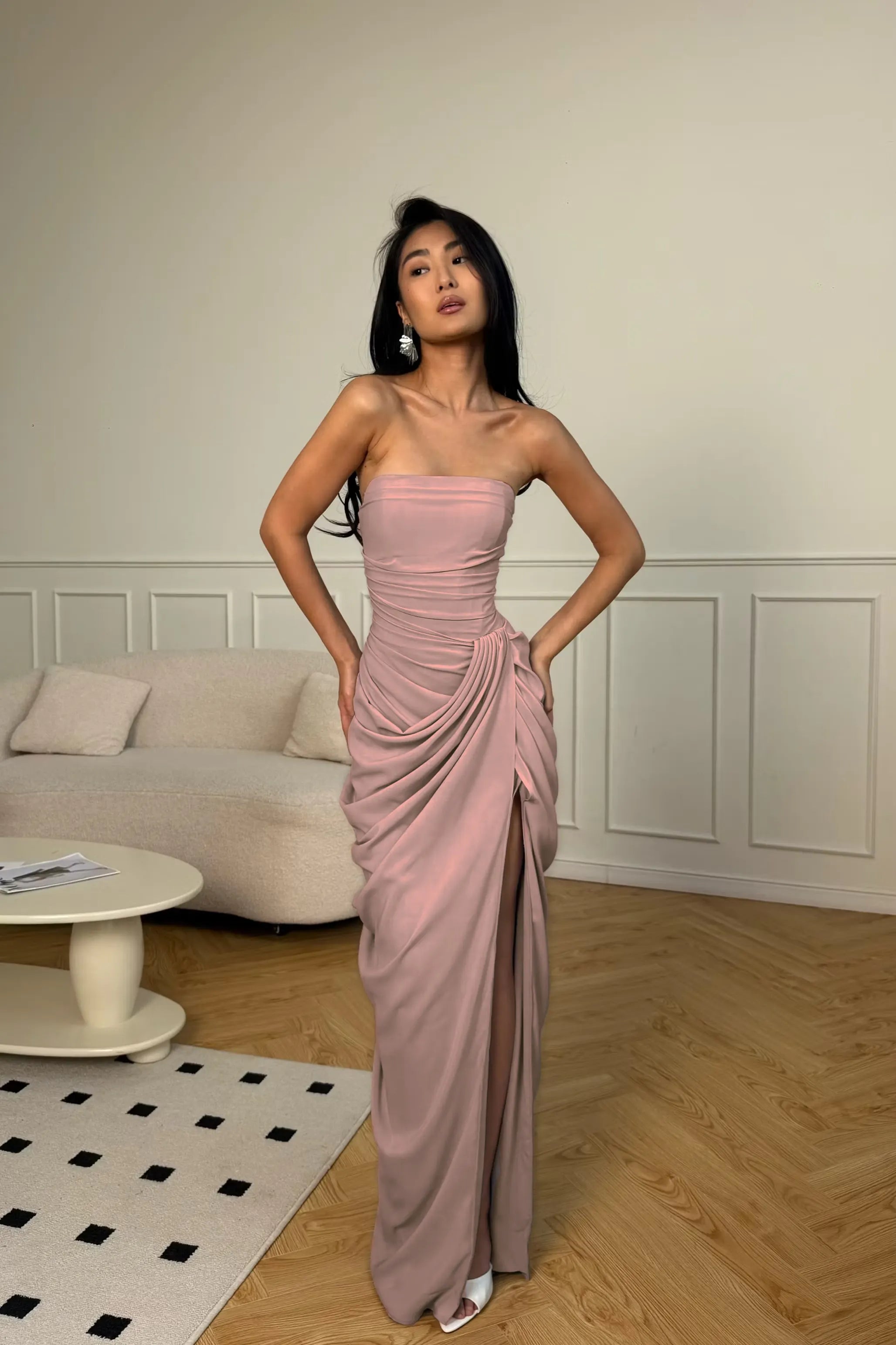 Cocoslly Strapless Sleeveless High Waist Long Prom Dress With Split And Pleated | Ice Blue Satin YC0566