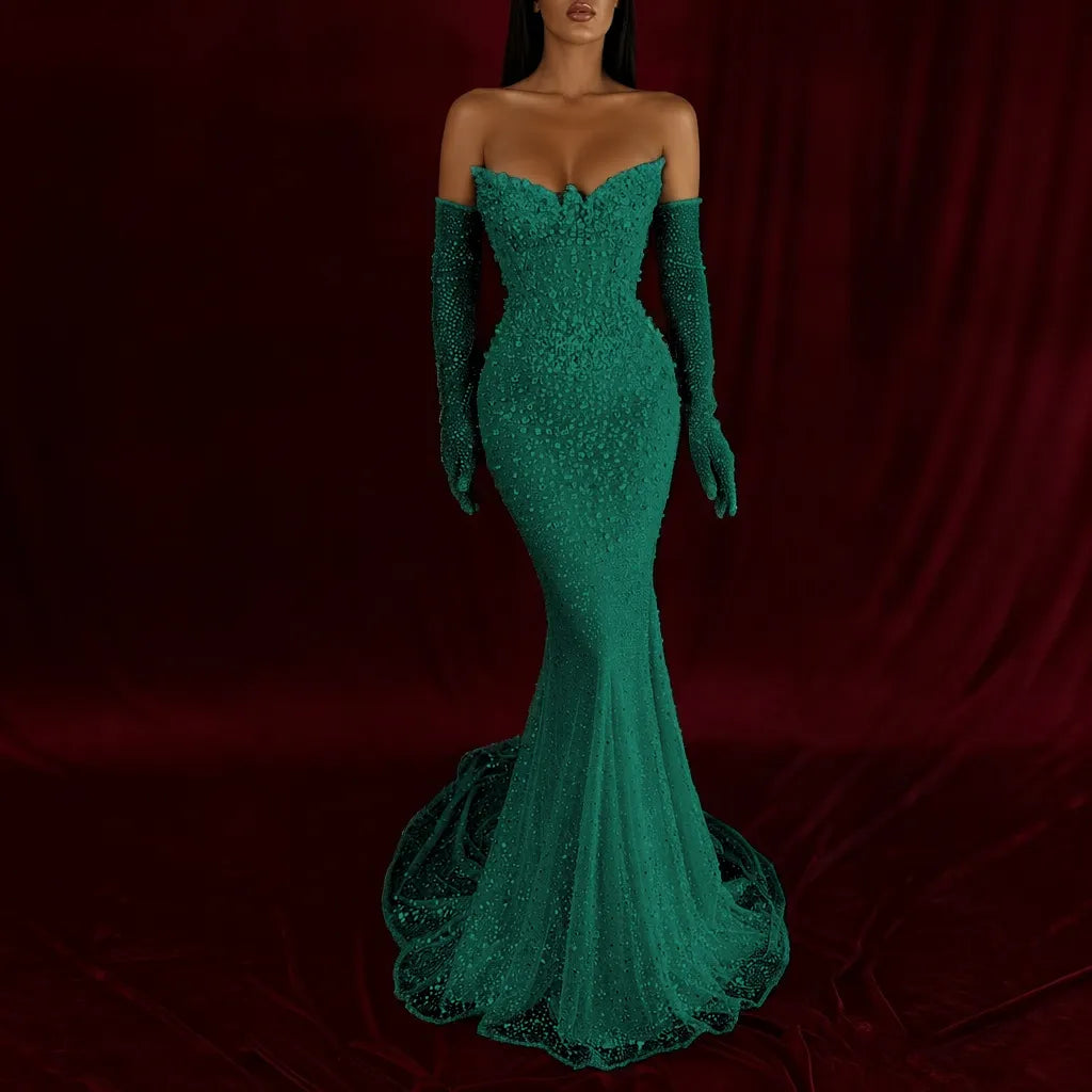 Cocoslly Strapless Sleeveless High Waist Long Mermaid Prom Dress With Rhinstone And Gloves | Smoky Silver Sequins WQ0579