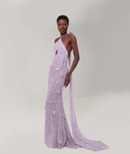 Cocoslly Halter Sleeveless High Waist Long Mermaid Prom Dress With Sequins | Nude Champage Chiffon YK1282