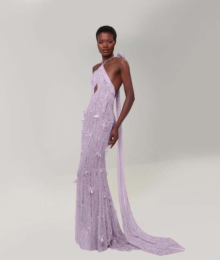 Cocoslly Halter Sleeveless High Waist Long Mermaid Prom Dress With Sequins | Nude Champage Chiffon YK1282