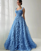Tulle Square Neck Spaghetti Straps Sleeveless Long A-Line Prom Dress With Flower Appliques YK0613