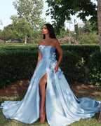 Strapless Sleeveless Long High Split Prom Dress With Appliques YK0162