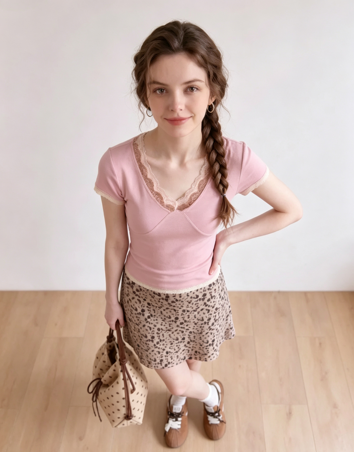Pink lace-trimmed V-neck T-shirt