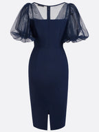 Purplish Blue Mesh Classic V Neck Short Sleeve Puff Sleeve Sheath Midi Dress