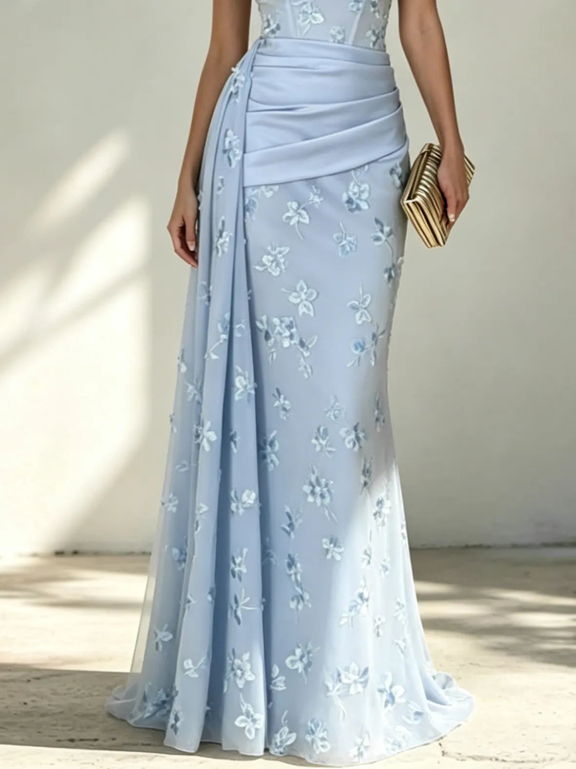 Light Blue Classic Strapless Sleeveless Mermaid Floor-length Gown Dress