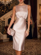 Pink Ruched Satin Boat Neck Sleeveless Sheath Midi Dress
