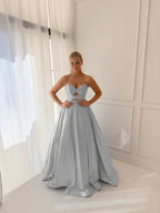 Satin V-Neck Strapless Sleeveless Long A-Line Prom Dress With Pleated And Rhinstone YK0706