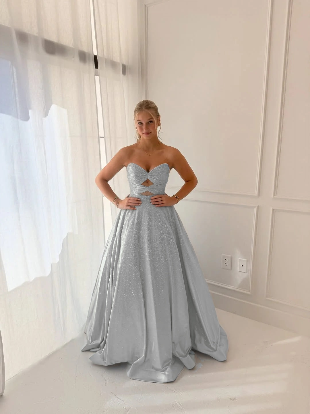Satin V-Neck Strapless Sleeveless Long A-Line Prom Dress With Pleated And Rhinstone YK0706
