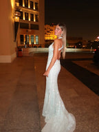 Cocoslly Halter Sleeveless Long Mermaid Prom Dress With Rhinstone | White Sequins CO0063