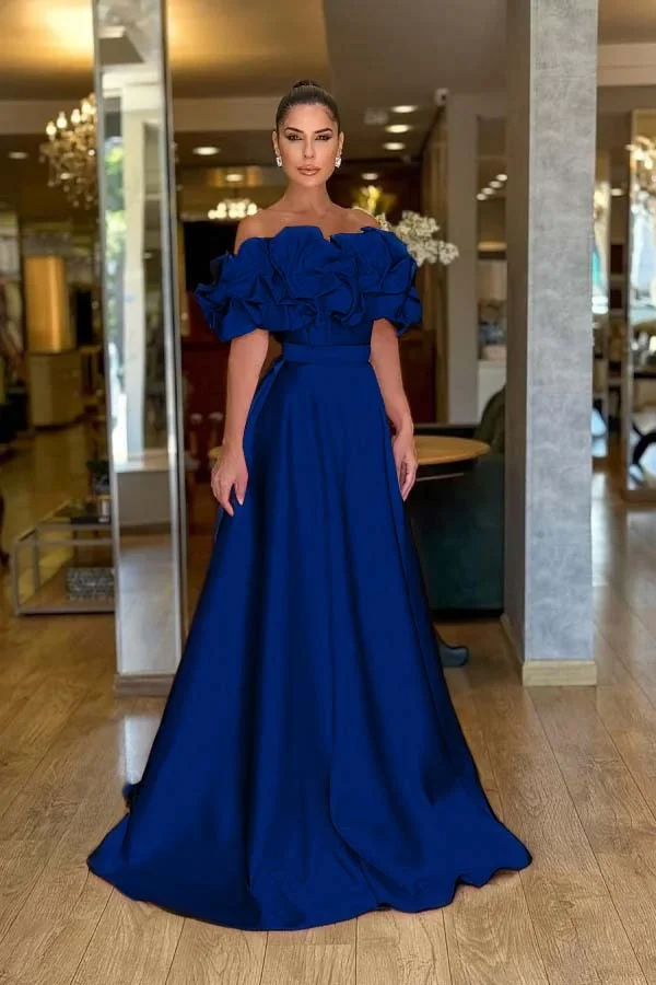 Satin Off-The-Shoulder Strapless High-Waisted Long A-Line Prom Dress With Ruffles JQ0425