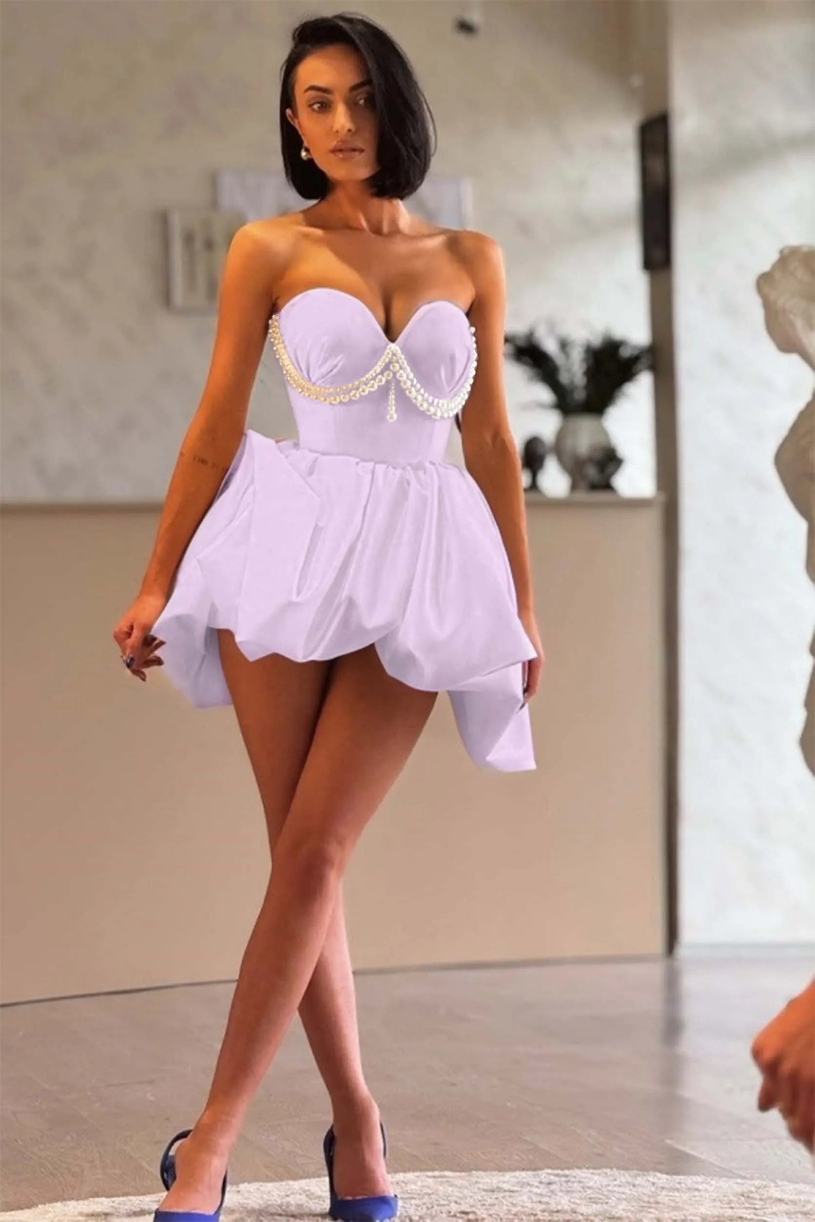 Cocoslly Strapless Sweetheart Sleeveless High Waist Short Prom Dress With Pearls | Ivory Satin ZT0683