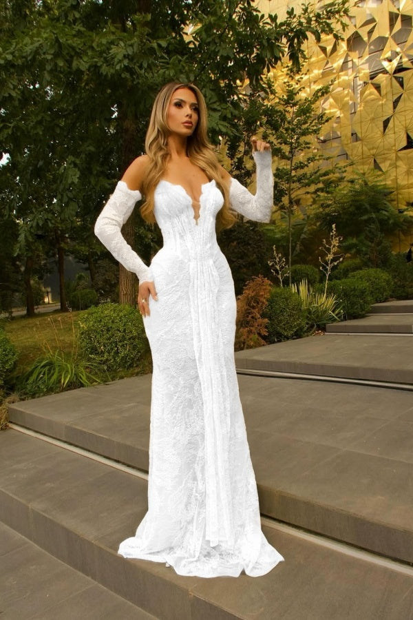 Cocoslly Strapless Sleeveless High Waist Long Mermaid Prom Dress With Gloves | Glod Lace WQ0318