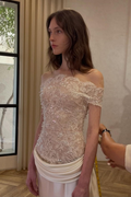 Cocoslly Off-The-Shoulder Sleeveless High Waist Long Prom Dress With Sequins | Ivory Lace And Satin LR0081