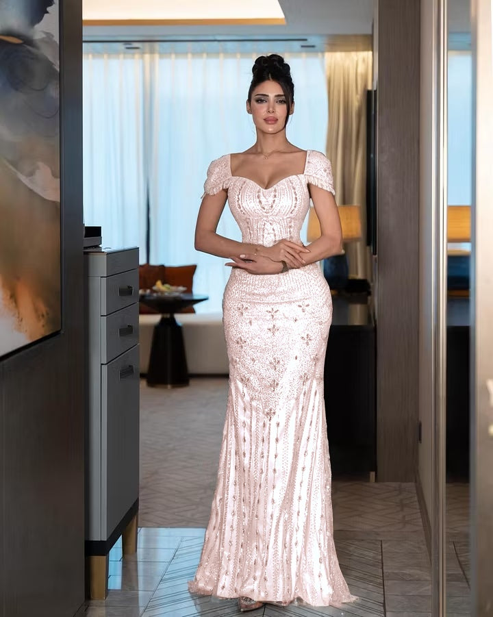 Cocoslly Short Sleeves High Waist Long Mermaid Prom Dress With Rhinstone | Silver Sequins YK1264