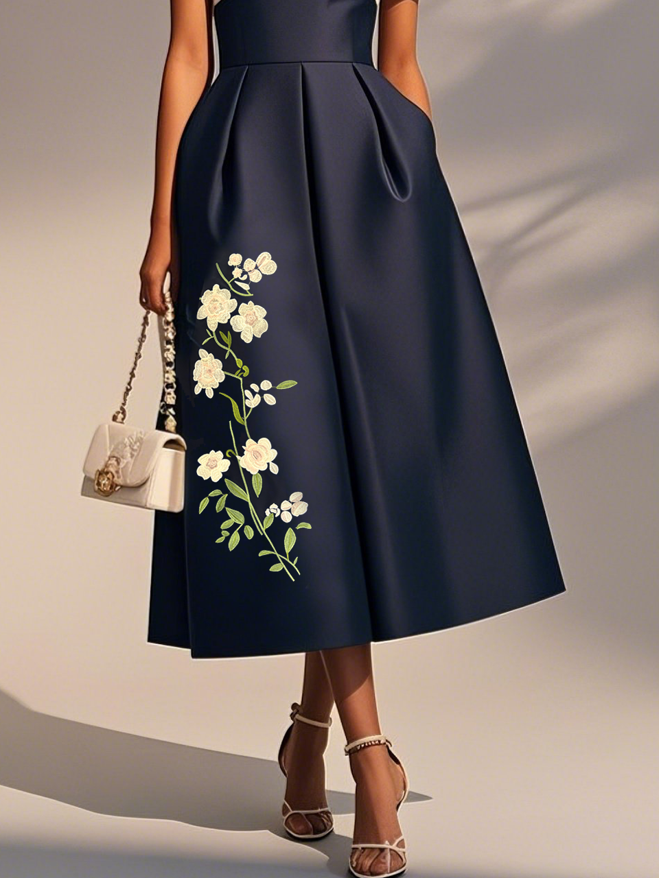Navy Blue Embroidery Satin V Neck Short Sleeve A-Line Midi Dress