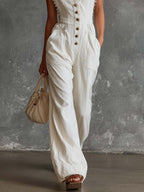 Elegant Vintage Western V-neck Front Buttons Lace Trim White Cotton Jumpsuit