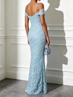 Light Blue Jacquard Glitter Classic Off The Shoulder Short Sleeve Mermaid Floor-length Gown Dress