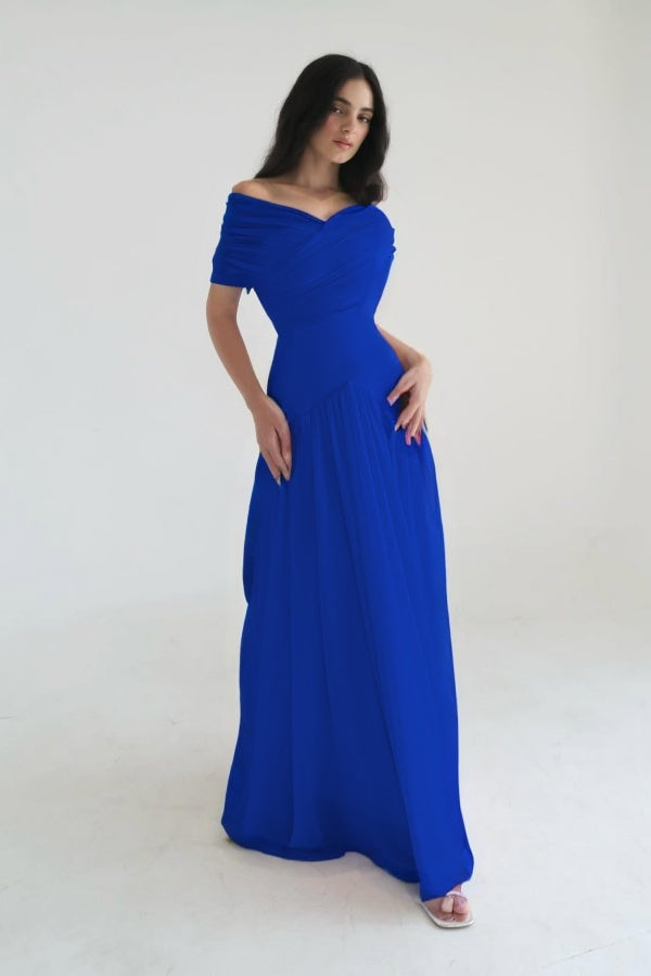Chiffon Off the Shoulder Sleeveless Long Prom Dress With Pleated WQ0385