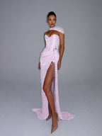 Cocoslly Strapless Sweetheart Sleeveless High Waist Long Split Prom Dress With Shawl | Silver Grey Sequins YK1275
