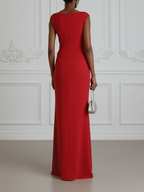Red Applique Side-Slit Knit Boat Neck Cap Sleeve Bodycon Maxi Dress