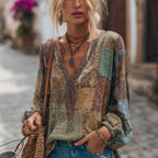 Vintage Paisley Floral Patchwork V-neck Long Sleeve T-shirt