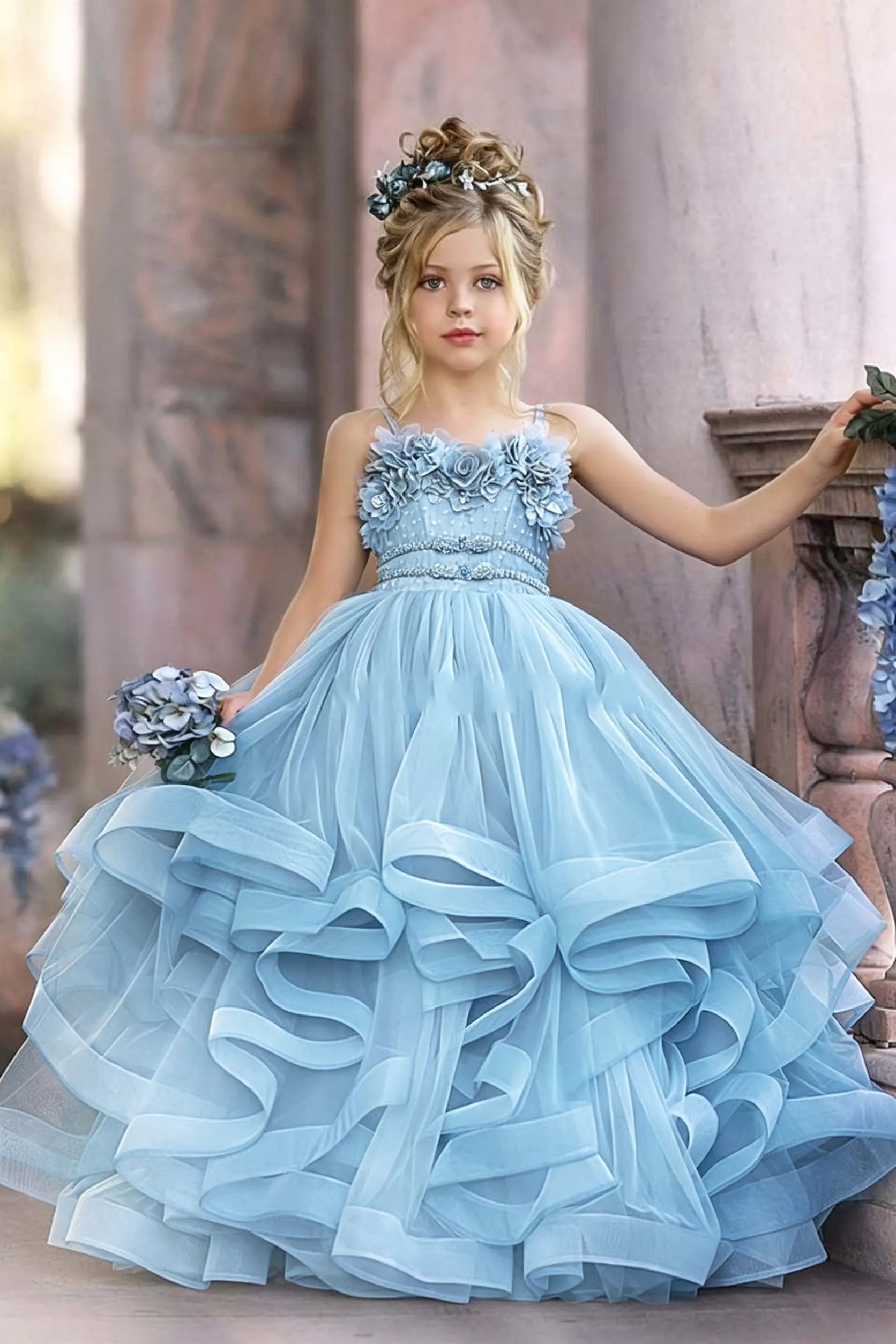 Cocoslly Spaghetti Straps  Sleeveless Flower Girl Dress With Appliques And Rhinstone | Dusty Blue Tulle FL0020