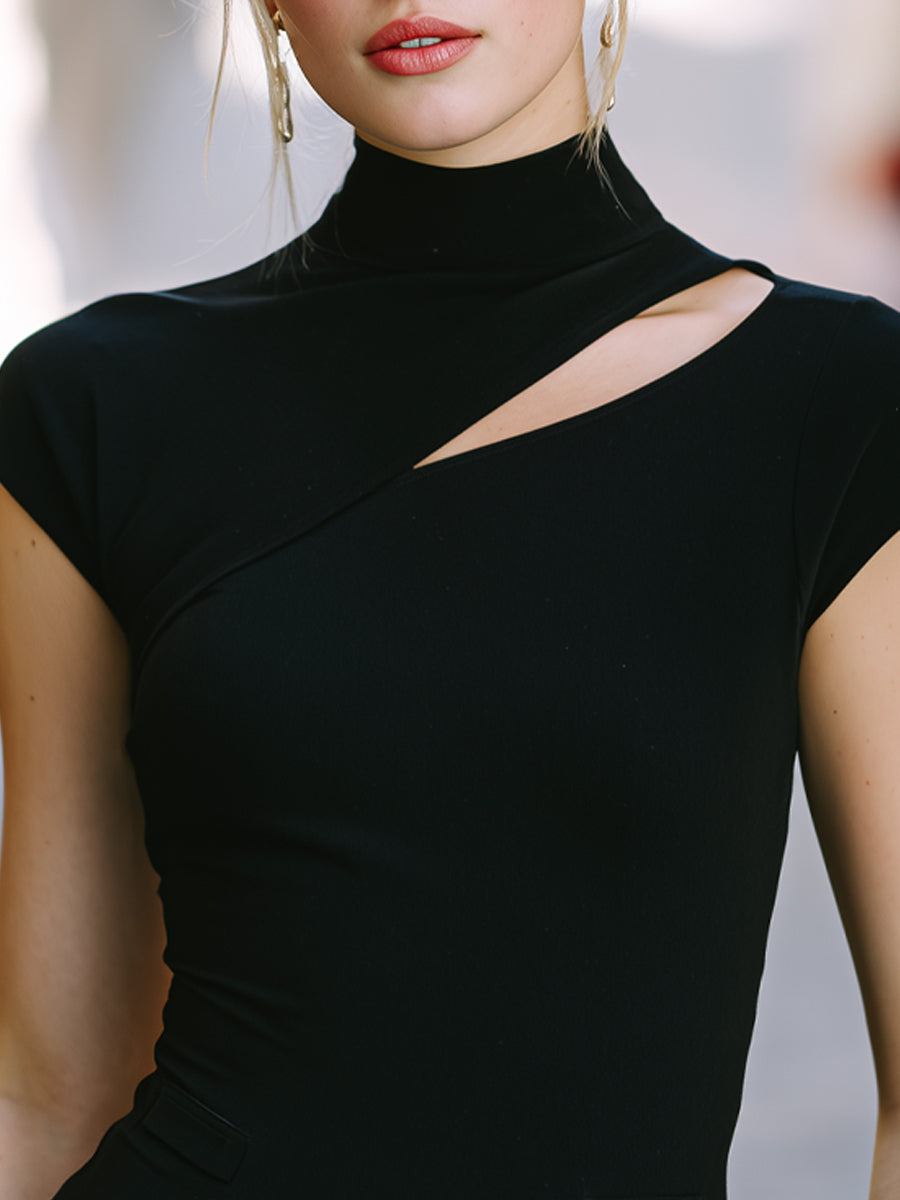 Asymmetric Cutout High-Neck Fitted T-Shirt