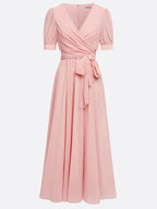 Pink Ruched Bow Chiffon V Neck Short Sleeve Sheath Maxi Dress