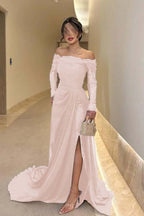 Off the Shoulder Long Sleeves Long Split Prom Dress With Pleated WQ0009