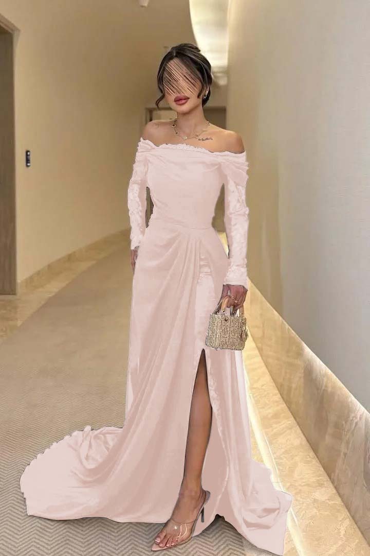 Off the Shoulder Long Sleeves Long Split Prom Dress With Pleated WQ0009