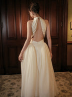 Cocoslly High Neck Sleeveless High Waist Long A Line Prom Dress | Ivory Satin And Tulle CO0201