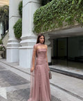 Cocoslly Strapless Sleeveless High Waist Long Prom Dress With Pleated And Shawl | Dusty Rose Chiffon CO0157