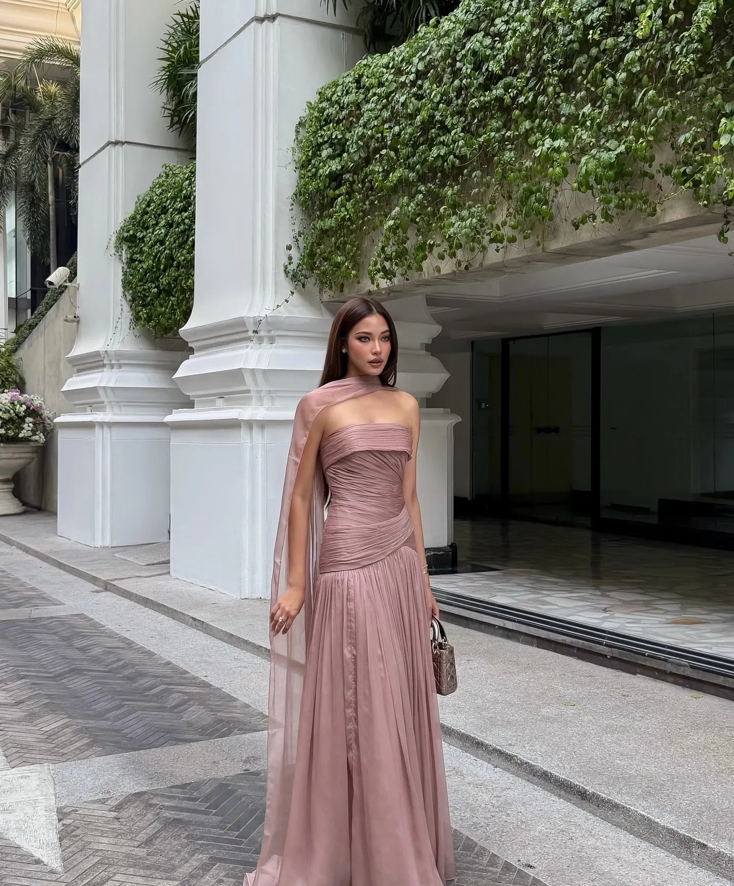 Cocoslly Strapless Sleeveless High Waist Long Prom Dress With Pleated And Shawl | Dusty Rose Chiffon CO0157