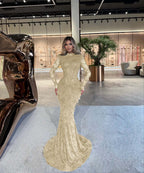 High Neck Long Sleeves Long Mermaid Prom Dress With Beading Pleated YK0512