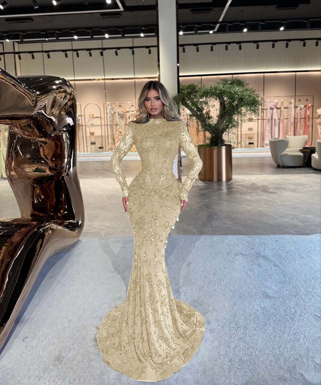 High Neck Long Sleeves Long Mermaid Prom Dress With Beading Pleated YK0512