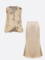 Women Champagne Glitter V Neck Sleeveless Dressy Top With Skirt Two-Piece Set