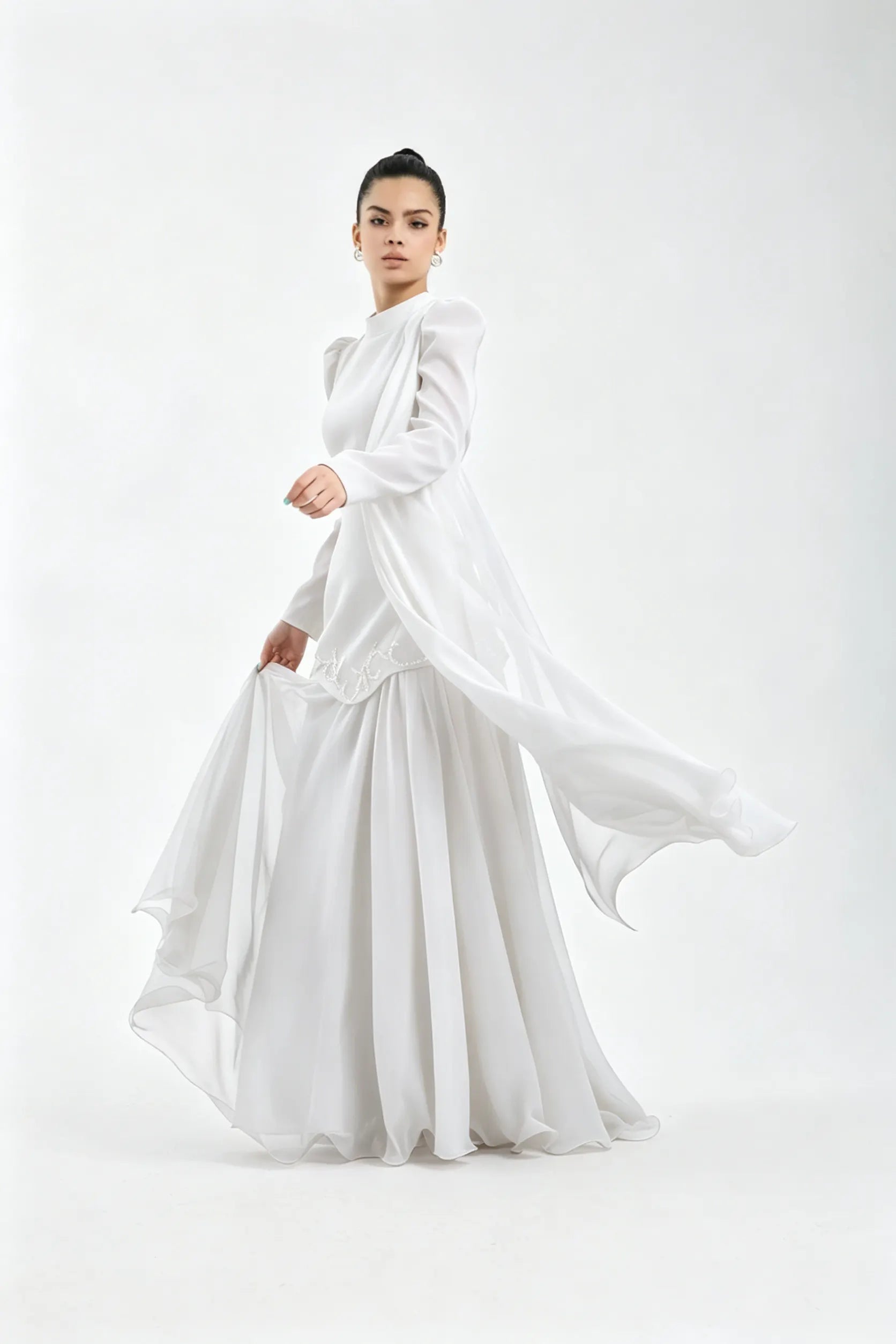 Cocoslly High Neck Long Sleeves High Waist Long Prom Dress With Rhinstone | Cabemet Chiffon LR0407