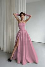 Cocoslly Strapless Sleeveless High Waist Long Prom Dress With Split And Gloves | Black Satin ZT0723