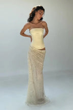 Cocoslly Strapless Sleeveless High Waist Long Mermaid Prom Dress | Creme Yellow Satin And Sequins YC0568
