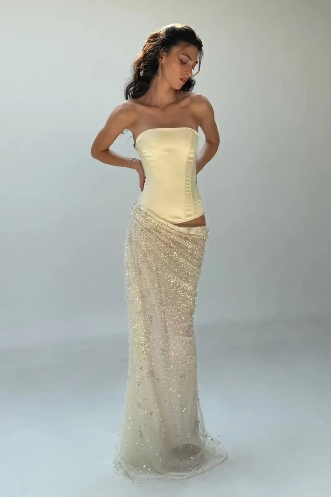 Cocoslly Strapless Sleeveless High Waist Long Mermaid Prom Dress | Creme Yellow Satin And Sequins YC0568