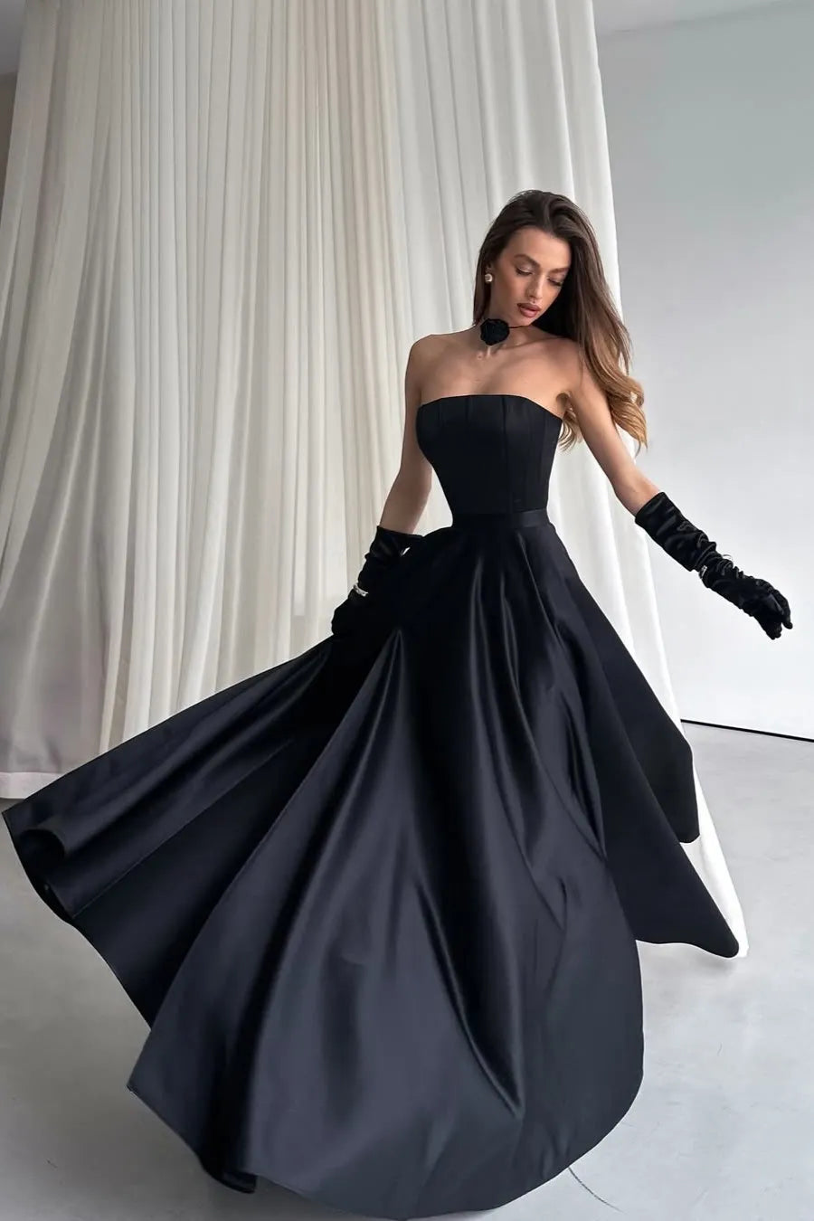 Black Strapless Sleeveless Long Split Pleated Prom Dress With Gloves YS0021