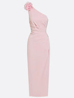 Pink 3D Floral Rhinestone Classic One Shoulder Sleeveless Sheath Maxi Dress