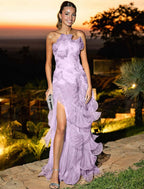 Strapless Sleeveless Long Split Prom Dress With Pleated Ruffle YK0324
