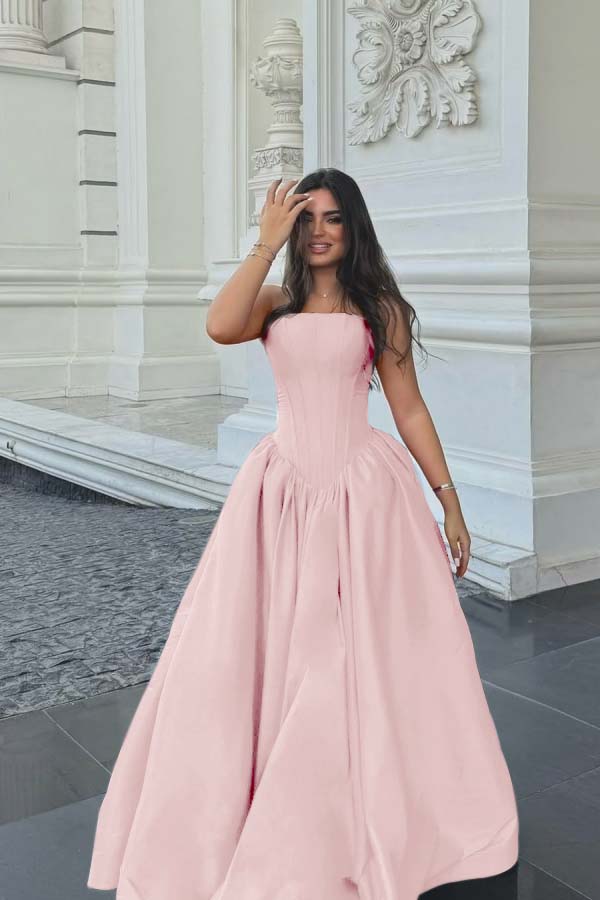 Cocoslly Simple Strapless Sleeveless Long A-line Prom Dress | Fuchsia Satin ZT0713