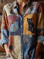Cute Cat Retro Patch Work Design Casual Linen Shirt