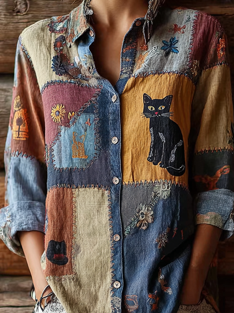 Cute Cat Retro Patch Work Design Casual Linen Shirt