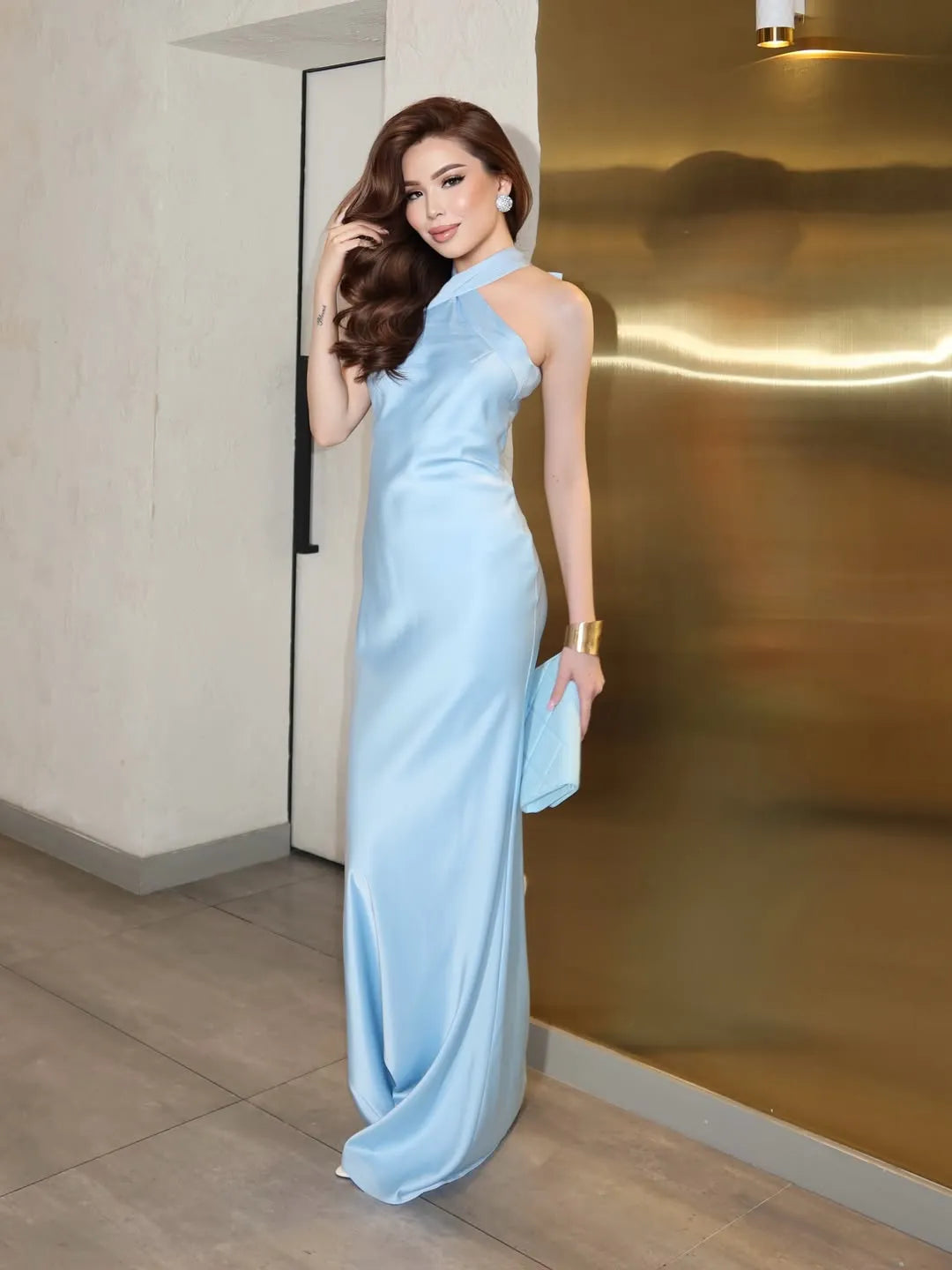 Cocoslly Halter Sleeveless Backless High Waist Long Prom Dress | Baby Blue Satin WT0133