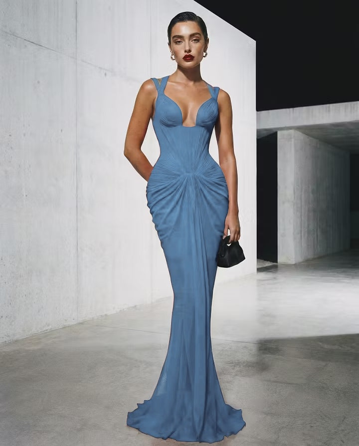 Cocoslly Spaghetti Straps Sleeveless High Waist Long Mermaid Prom Dress With Pleated | Red Satin LX0112